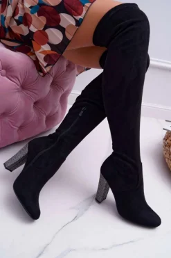 Kozaki Damskie Na Słupku Zamszowe Czarne Rabios