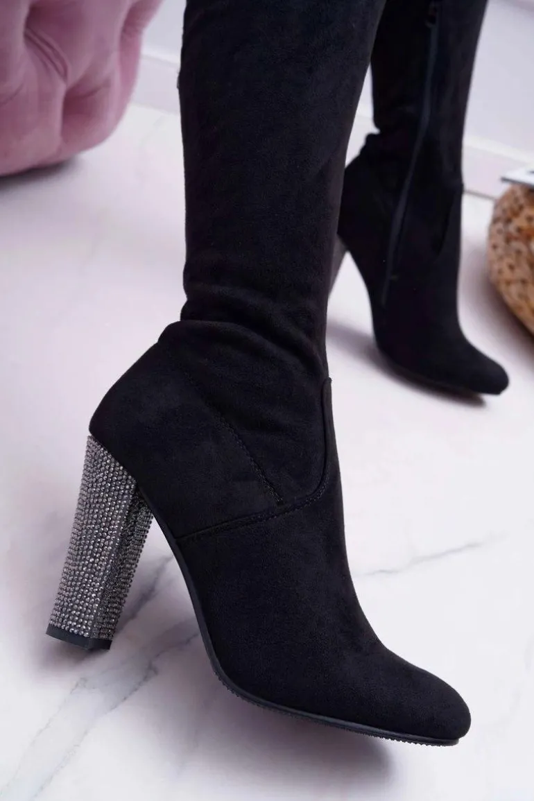 Kozaki Damskie Na Słupku Zamszowe Czarne Rabios