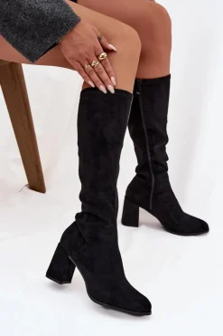 Kozaki Damskie Na Słupku Z Eko Zamszu Czarne Yelisse