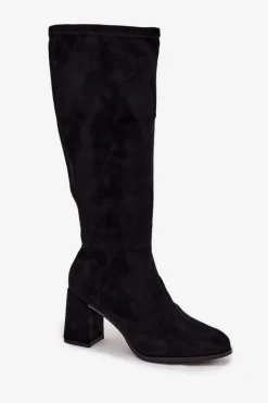 Kozaki Damskie Na Słupku Z Eko Zamszu Czarne Yelisse