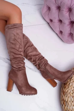 Kozaki Damskie Na Słupku Zamszowe Khaki Marion