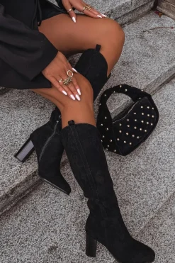 Kozaki Damskie Na Słupku Z Eko Zamszu Czarne Prisca