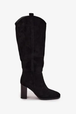 Kozaki Damskie Na Słupku Z Eko Zamszu Czarne Prisca