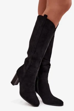 Kozaki Damskie Na Słupku Z Eko Zamszu Czarne Prisca