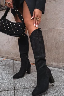 Kozaki Damskie Na Słupku Z Eko Zamszu Czarne Prisca