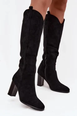 Kozaki Damskie Na Słupku Z Eko Zamszu Czarne Prisca