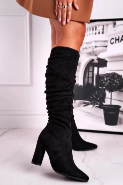 Kozaki Damskie Na Słupku Zamszowe Czarne Cromes