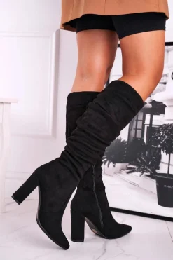 Kozaki Damskie Na Słupku Zamszowe Czarne Cromes