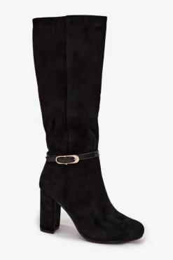 Kozaki Damskie Na Słupku Ze Złotą Klamrą Ocieplane Czarne Seraphine