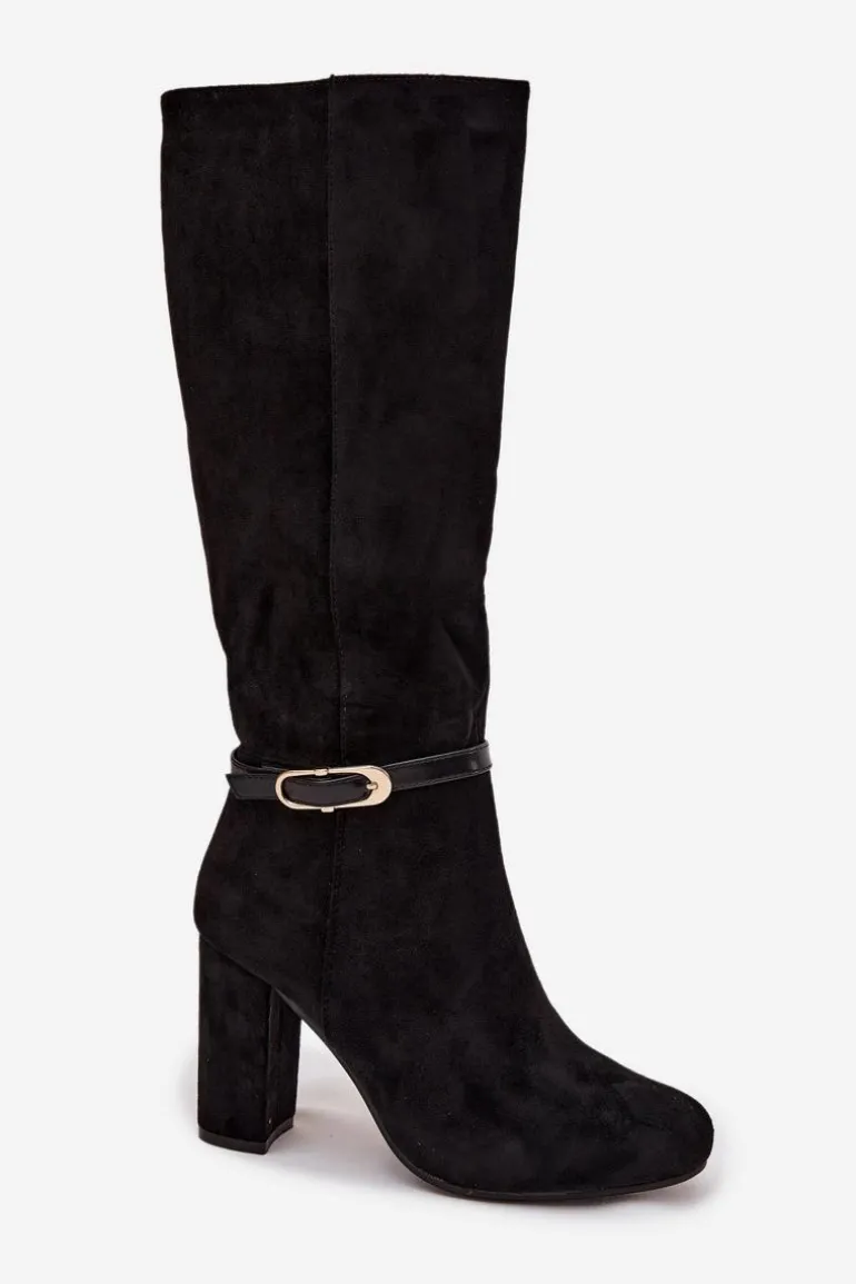 Kozaki Damskie Na Słupku Ze Złotą Klamrą Ocieplane Czarne Seraphine