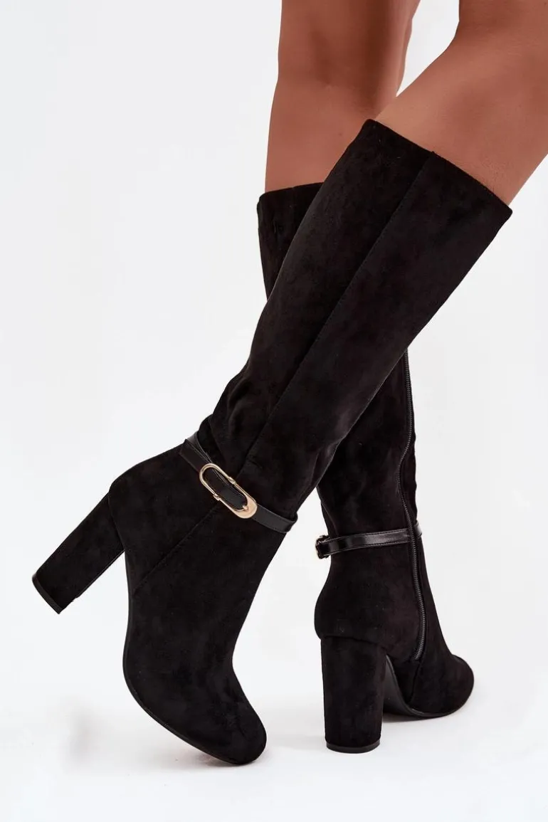 Kozaki Damskie Na Słupku Ze Złotą Klamrą Ocieplane Czarne Seraphine