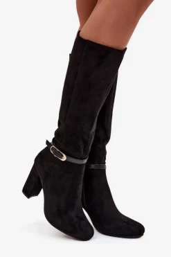 Kozaki Damskie Na Słupku Ze Złotą Klamrą Ocieplane Czarne Seraphine