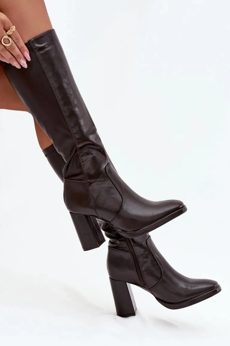 Kozaki Damskie Na Słupku Z Eko Skóry Ocieplane Bordowe Lyvella