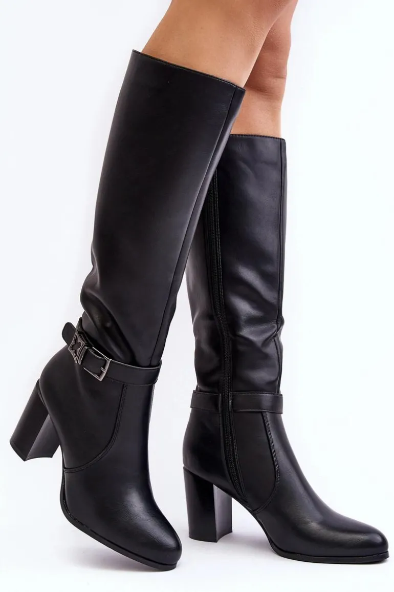 Kozaki Damskie Na Słupku Z Klamrą Ocieplane Czarne Sendilia