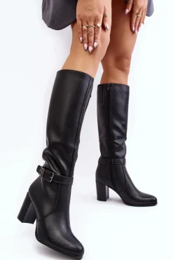 Kozaki Damskie Na Słupku Z Klamrą Ocieplane Czarne Sendilia