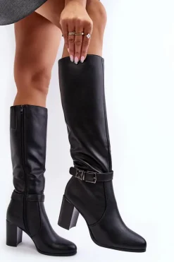 Kozaki Damskie Na Słupku Z Klamrą Ocieplane Czarne Sendilia