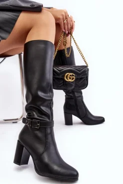 Kozaki Damskie Na Słupku Z Klamrą Ocieplane Czarne Sendilia