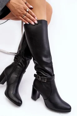 Kozaki Damskie Na Słupku Z Klamrą Ocieplane Czarne Sendilia