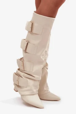 Kozaki Damskie Na Słupku Z Wywiniętą Cholewką I Złotymi Klamrami Jasnobeżowe Isavelle