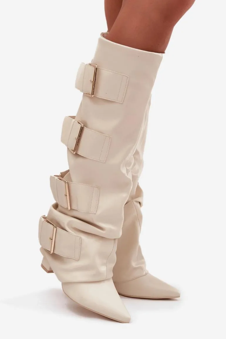 Kozaki Damskie Na Słupku Z Wywiniętą Cholewką I Złotymi Klamrami Jasnobeżowe Isavelle