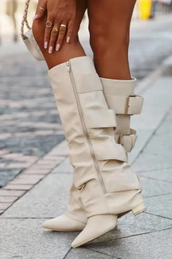 Kozaki Damskie Na Słupku Z Wywiniętą Cholewką I Złotymi Klamrami Jasnobeżowe Isavelle