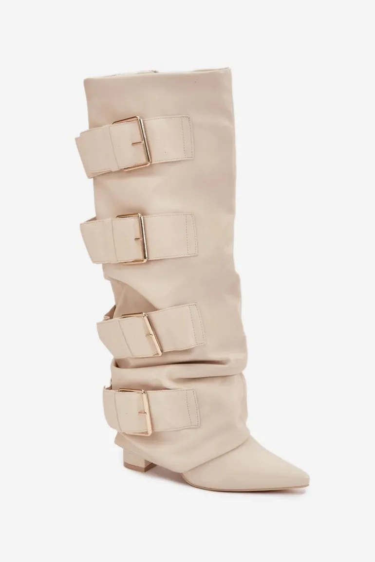 Kozaki Damskie Na Słupku Z Wywiniętą Cholewką I Złotymi Klamrami Jasnobeżowe Isavelle