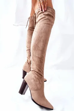 Kozaki Damskie Na Słupku Zamszowe Beżowe Monleek