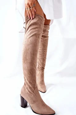 Kozaki Damskie Na Słupku Zamszowe Beżowe Monleek