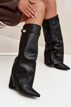 Kozaki Damskie Na Słupku Z Wywiniętą Cholewką I Złotym Detalem Czarne Diorna