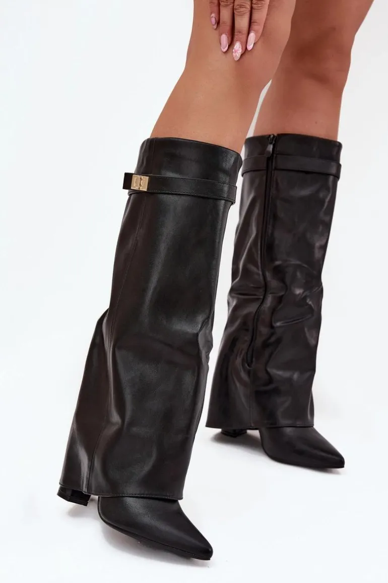 Kozaki Damskie Na Słupku Z Wywiniętą Cholewką I Złotym Detalem Czarne Diorna