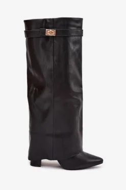 Kozaki Damskie Na Słupku Z Wywiniętą Cholewką I Złotym Detalem Czarne Diorna