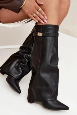 Kozaki Damskie Na Słupku Z Wywiniętą Cholewką I Złotym Detalem Czarne Diorna