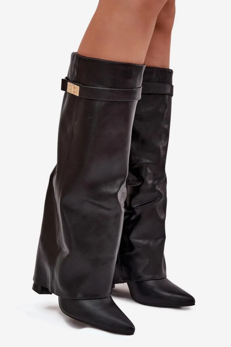 Kozaki Damskie Na Słupku Z Wywiniętą Cholewką I Złotym Detalem Czarne Diorna