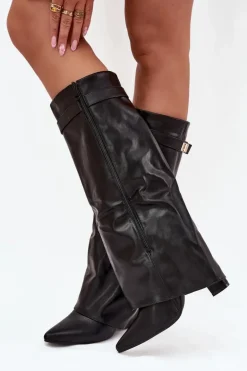 Kozaki Damskie Na Słupku Z Wywiniętą Cholewką I Złotym Detalem Czarne Diorna