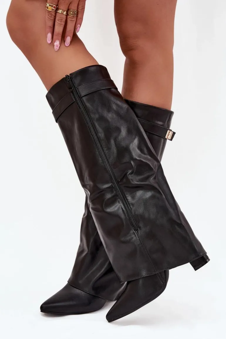 Kozaki Damskie Na Słupku Z Wywiniętą Cholewką I Złotym Detalem Czarne Diorna