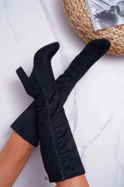 Kozaki Damskie Na Słupku Zamszowe Czarne Classy