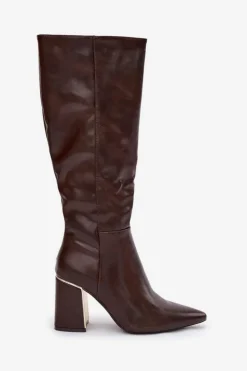 Kozaki Damskie Na Słupku Ze Złotym Elementem Czekoladowe Alessine