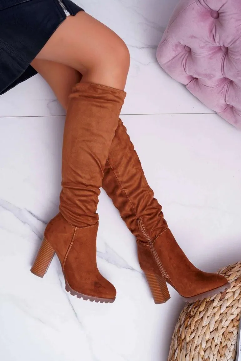 Kozaki Damskie Na Słupku Zamszowe Camel Marion