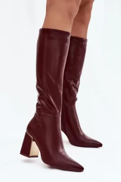 Kozaki Damskie Na Słupku Ze Złotym Elementem Bordowe Alessine