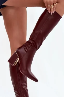 Kozaki Damskie Na Słupku Ze Złotym Elementem Bordowe Alessine