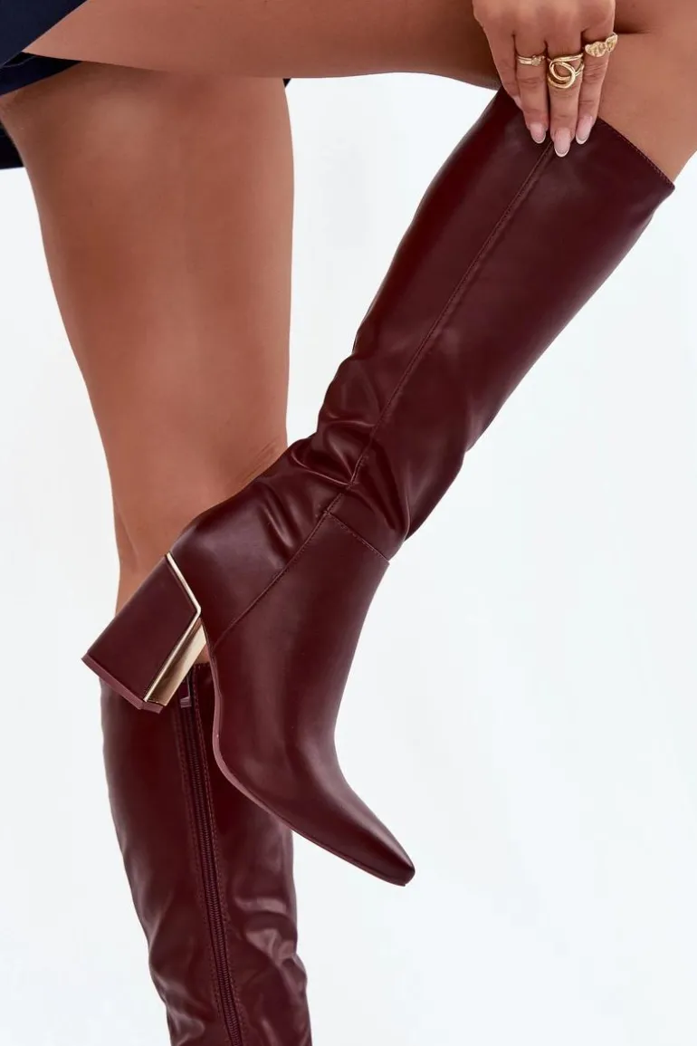 Kozaki Damskie Na Słupku Ze Złotym Elementem Bordowe Alessine