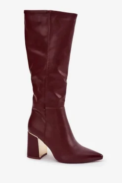 Kozaki Damskie Na Słupku Ze Złotym Elementem Bordowe Alessine