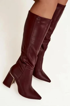 Kozaki Damskie Na Słupku Ze Złotym Elementem Bordowe Alessine