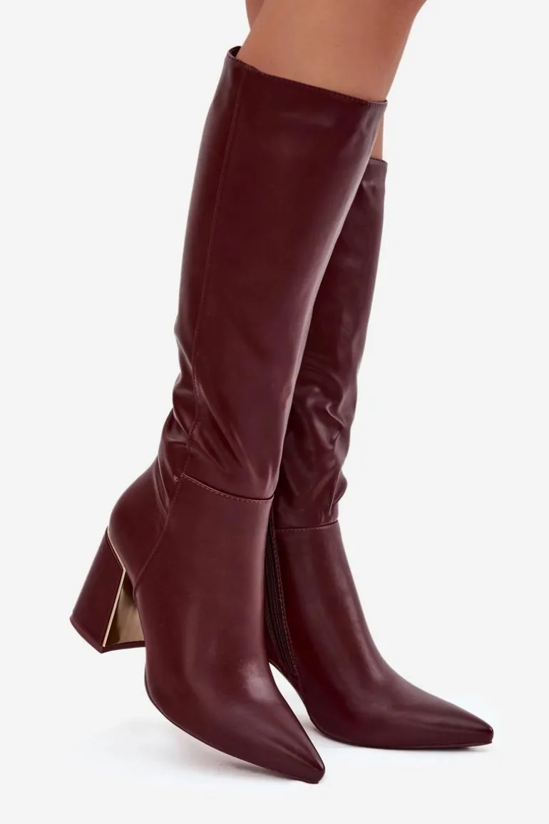 Kozaki Damskie Na Słupku Ze Złotym Elementem Bordowe Alessine