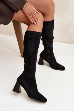 Kozaki Damskie Na Słupku Z Przeszyciami Czarne Celandine