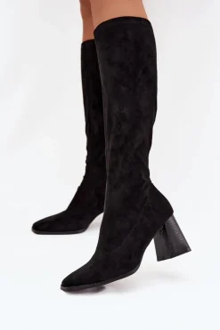 Kozaki Damskie Na Słupku Z Przeszyciami Czarne Celandine