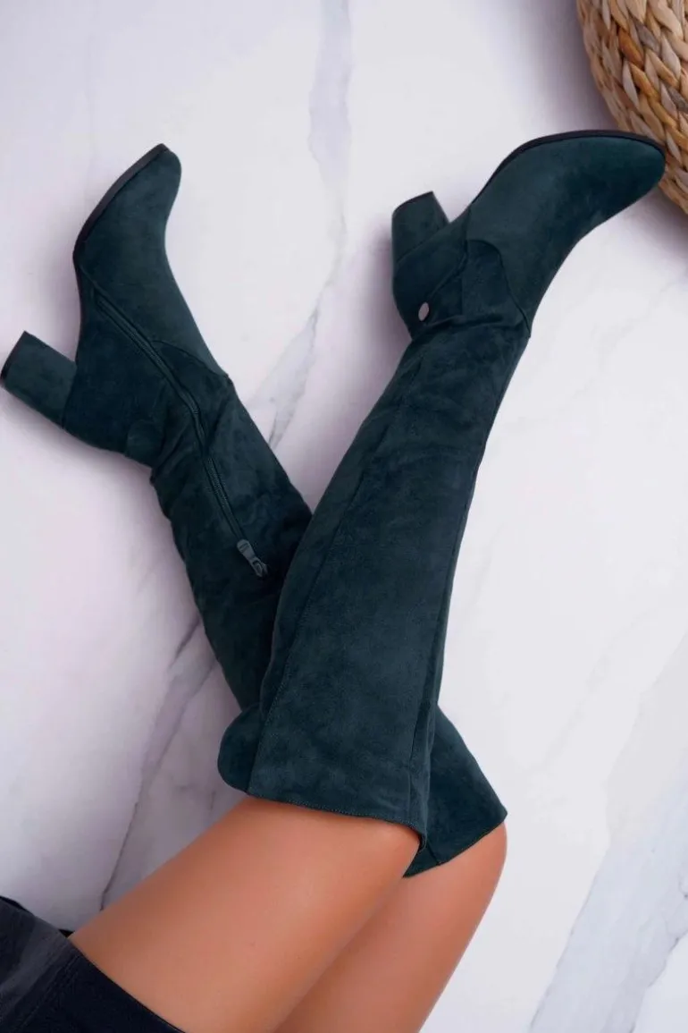 Kozaki Damskie Na Słupku Zamszowe Zielone Torgos