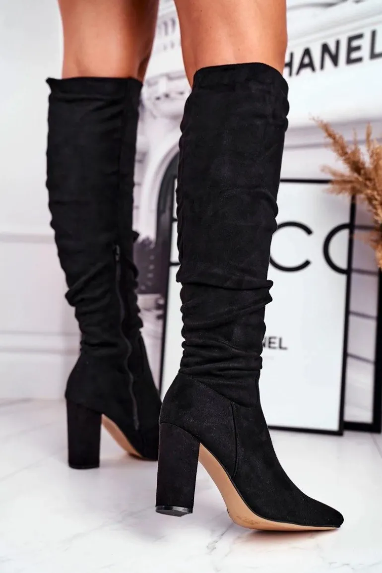 Kozaki Damskie Na Słupku Zamszowe Czarne Pomestro