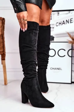 Kozaki Damskie Na Słupku Zamszowe Czarne Pomestro