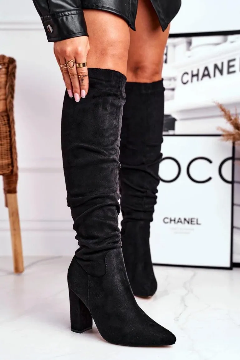 Kozaki Damskie Na Słupku Zamszowe Czarne Pomestro